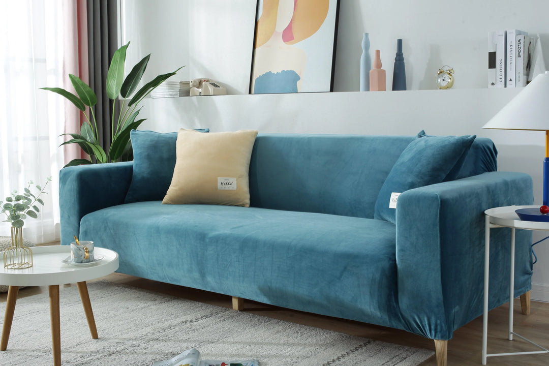 Luxury Velvet Stretch Sofa Cover Lake Blue Detail View
