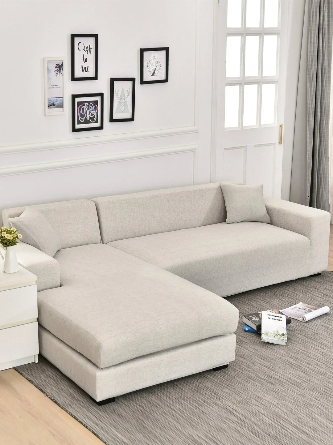 Corner Sectional Sofa Cover Cross Pattern Egg Shell Main View