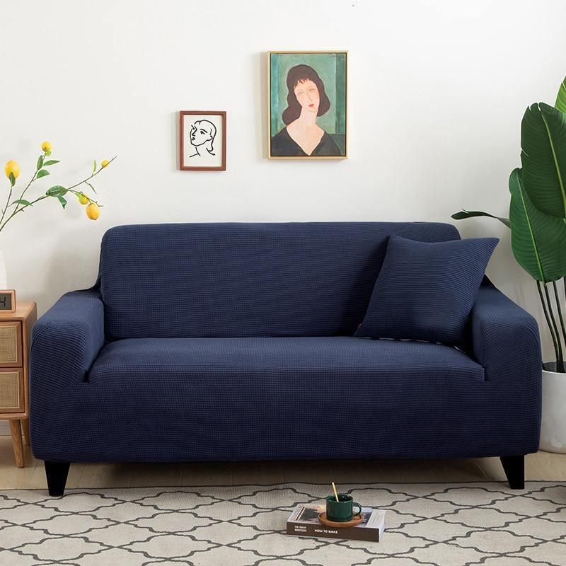 Narrow Ribbed Jacquard Sofa Cover Navy Blue Main View