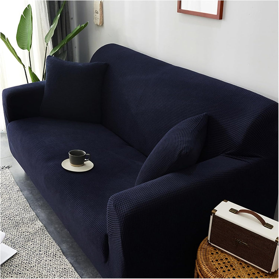 Narrow Ribbed Jacquard Sofa Cover Navy Blue Pattern View