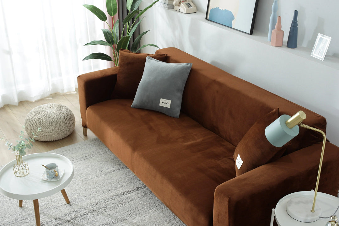 Luxury Velvet Stretch Sofa Cover Chocolate Brown Main View
