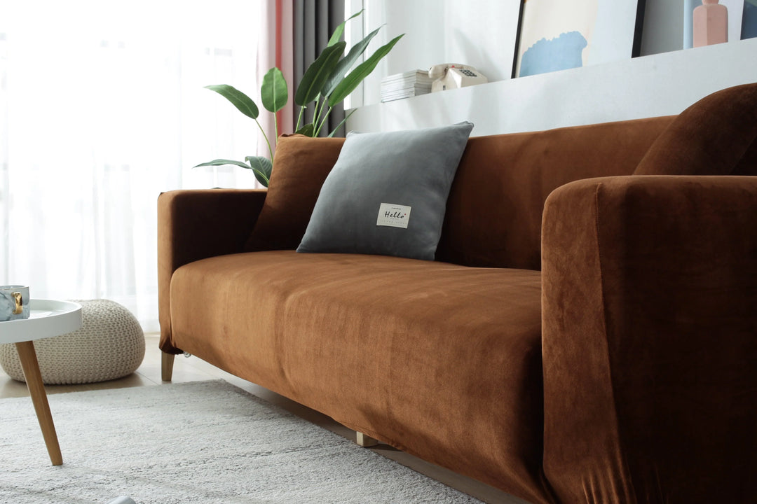 Luxury Velvet Stretch Sofa Cover Chocolate Brown Angle View