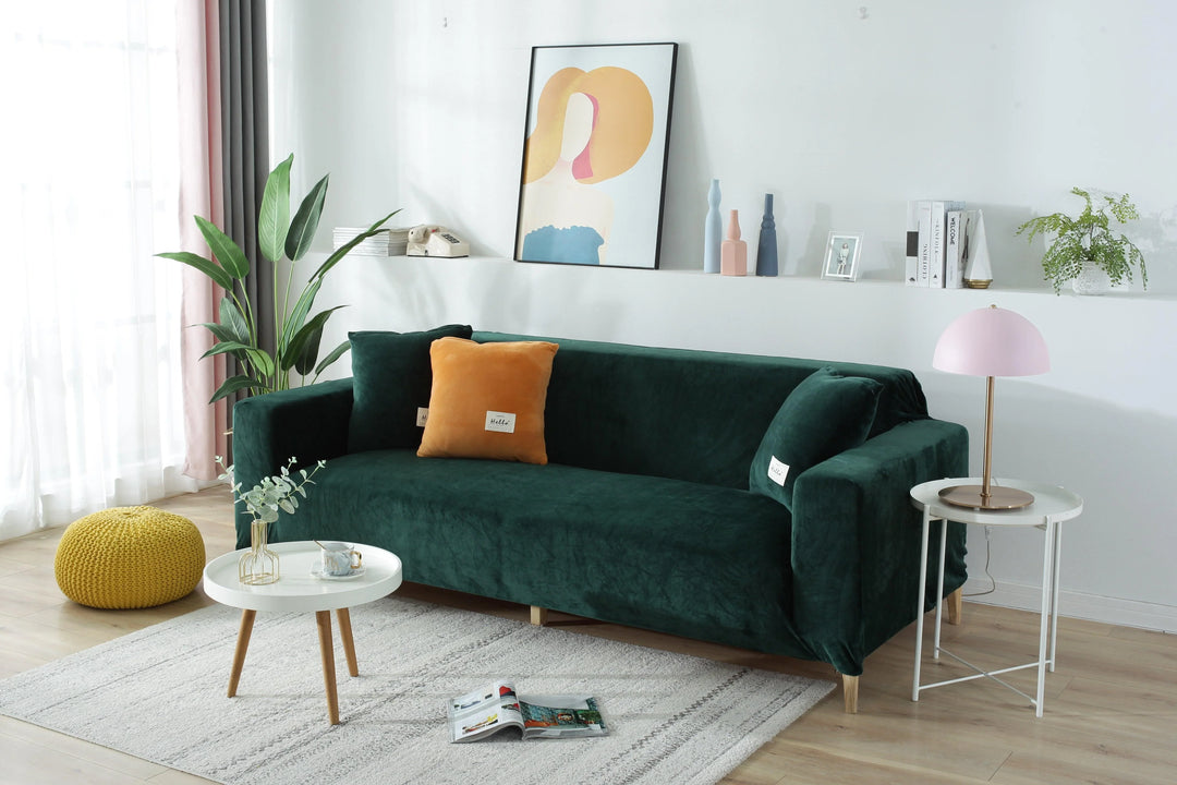 Luxury Velvet Stretch Sofa Cover Dark Green Front View