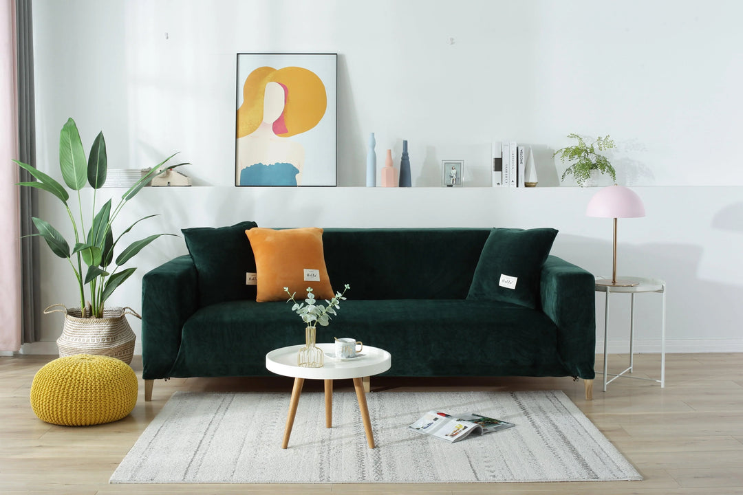 Luxury Velvet Stretch Sofa Cover Dark Green Texture View