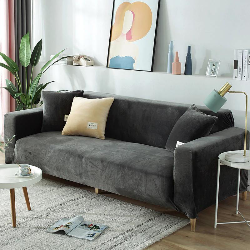 Luxury Velvet Stretch Sofa Cover Charcoal Grey Main View