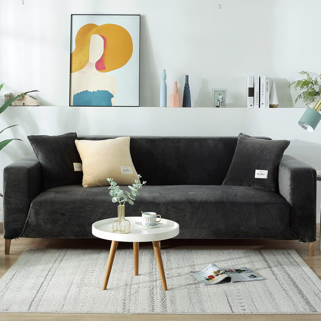 Luxury Velvet Stretch Sofa Cover Charcoal Grey Angle View