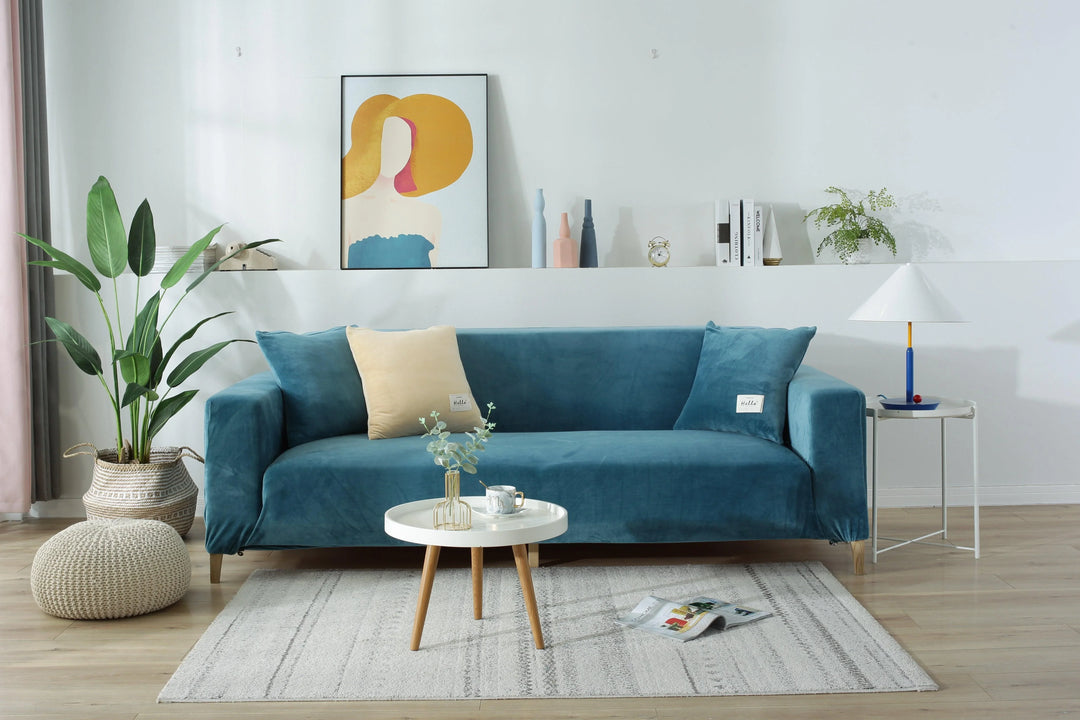 Luxury Velvet Stretch Sofa Cover Lake Blue Main View