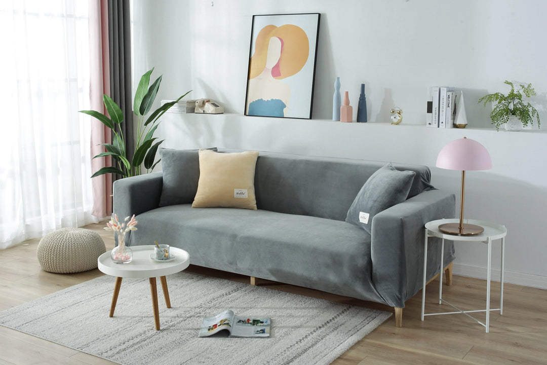 Luxury Velvet Stretch Sofa Cover Light Grey Main View