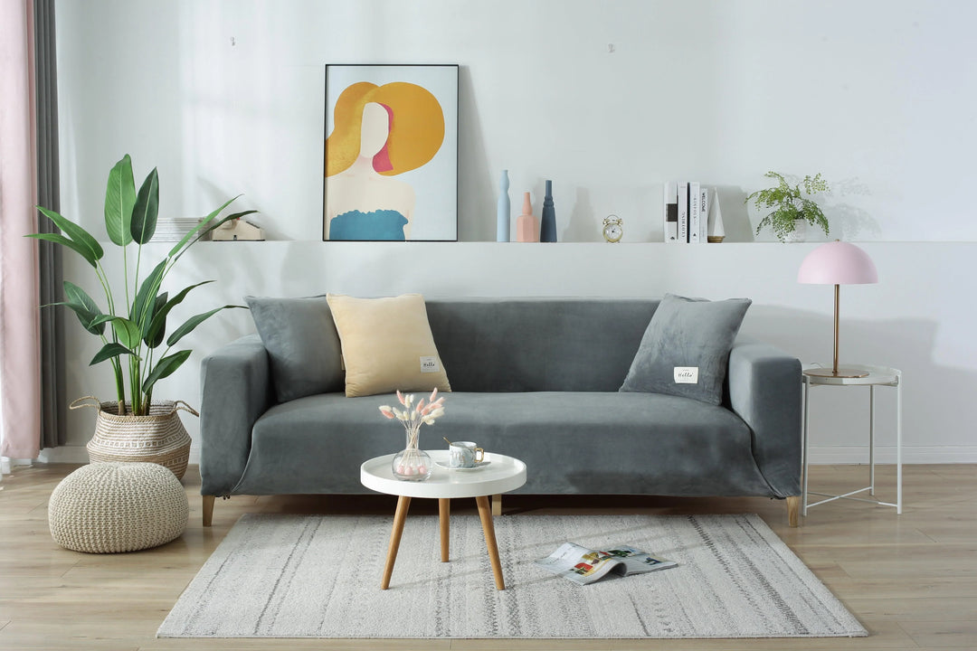 Luxury Velvet Stretch Sofa Cover Light Grey Angle View