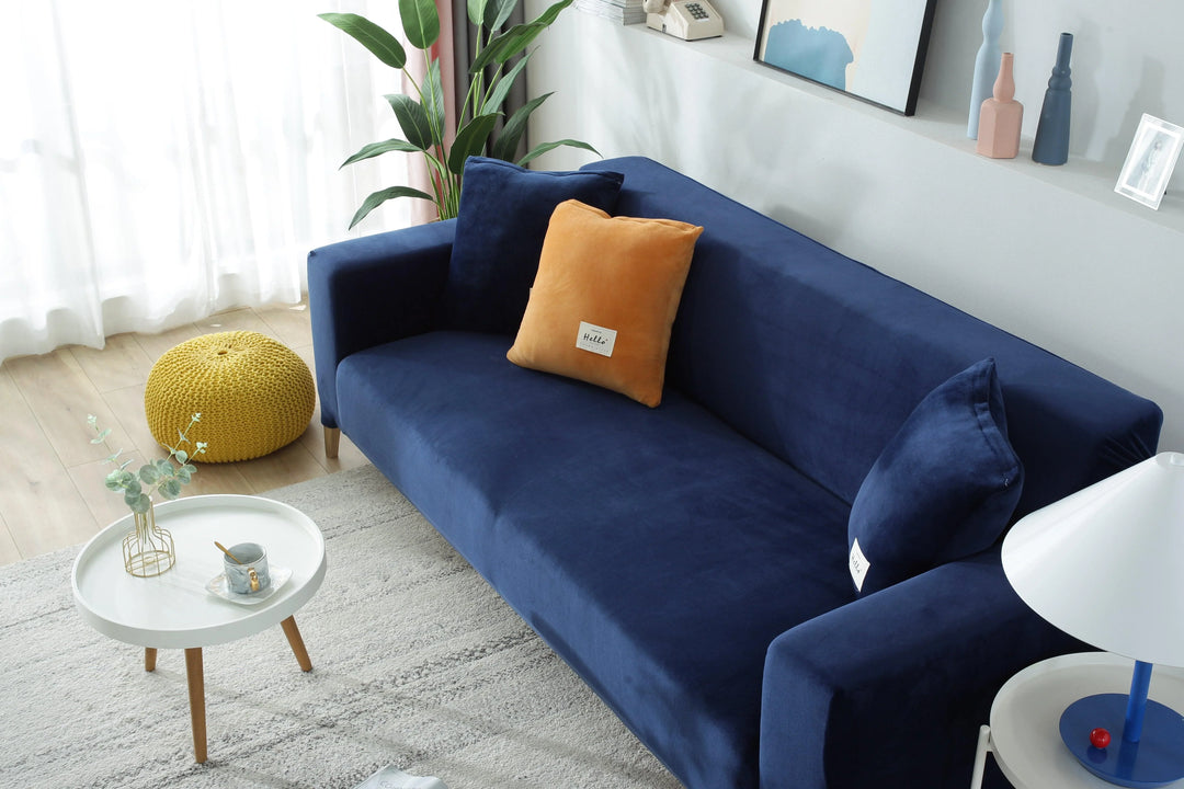 Luxury Velvet Stretch Sofa Cover Navy Blue Main View