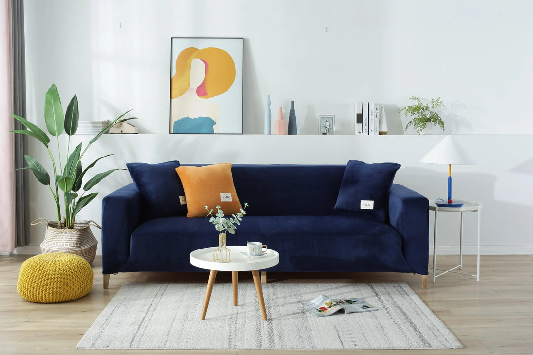 Luxury Velvet Stretch Sofa Cover Navy Blue Angle View
