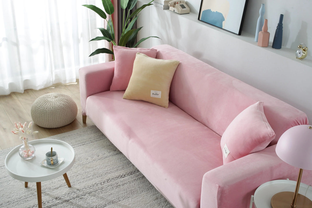 Luxury Velvet Stretch Sofa Cover Blush Pink Main View