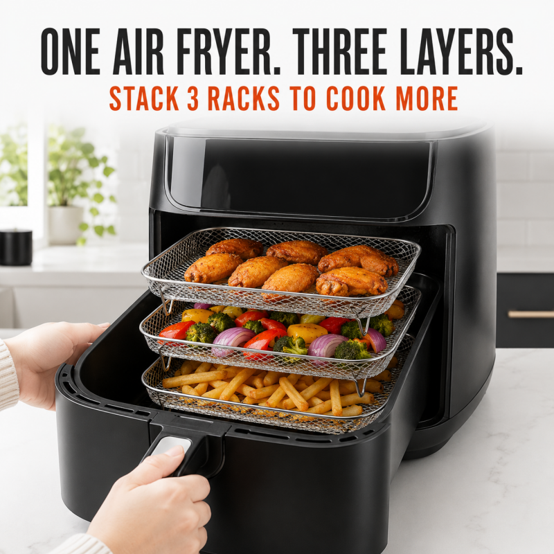 🍟Stackable Air Fryer Racks - Triple Your Cooking Capacity & Eliminate Uneven Heating